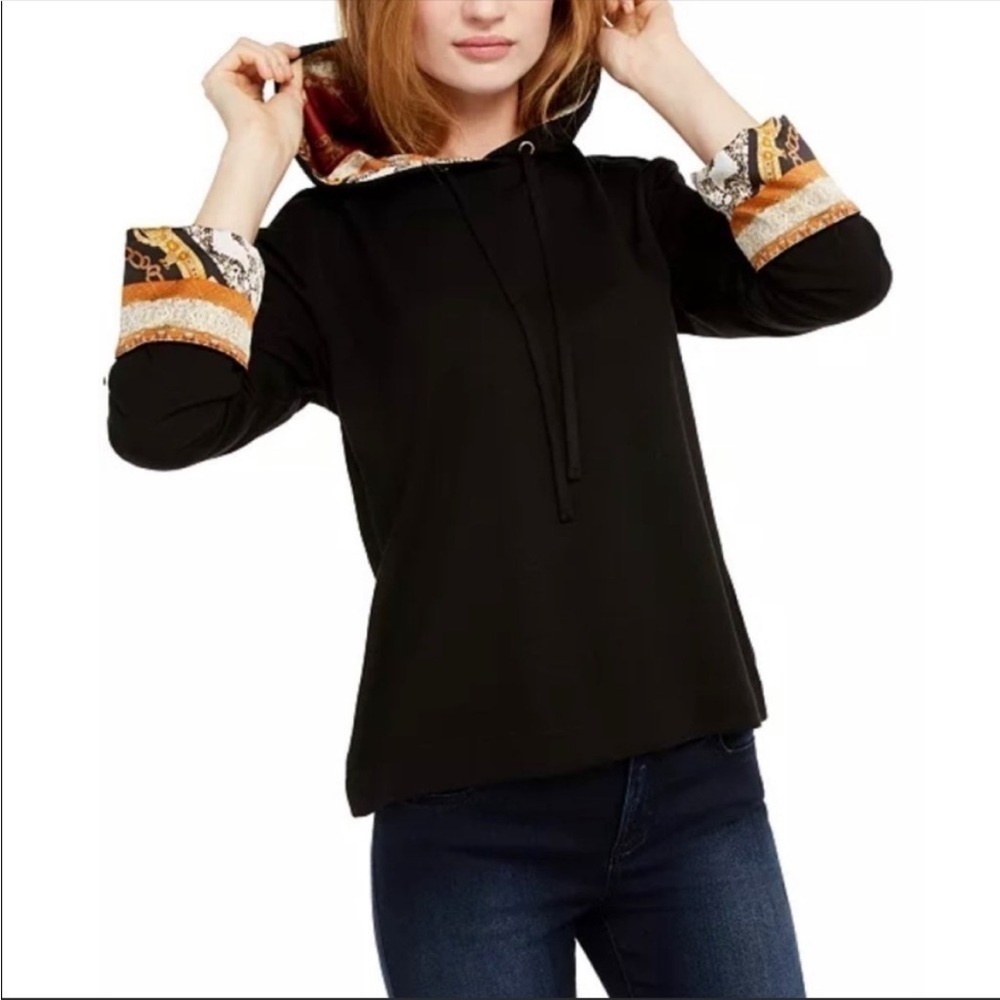 INC International Concepts Printed Cuff Hooded Top Black Size Medium